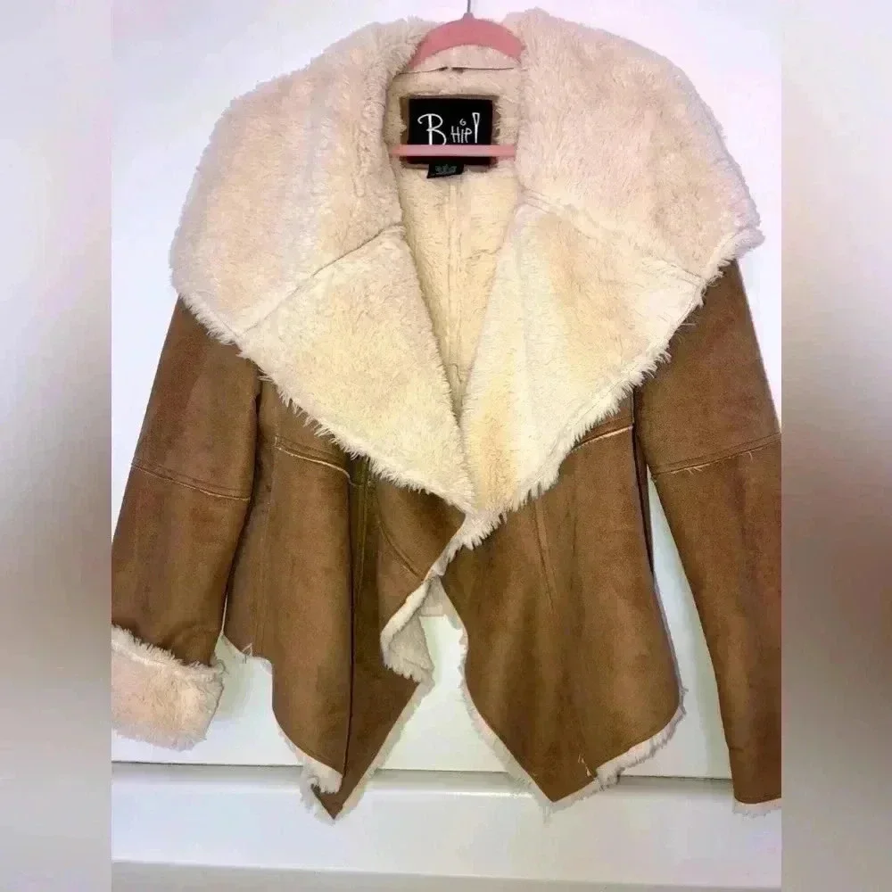 B Hip by Me Jane faux suede shearling waterfall jacket Sz M - Picture 2 of 10